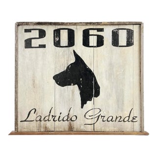 Vintage 1930s Large "Big Bark" / 2060 / "Ladrido Grande" Great Dane Dog Kennel Black & White Painted Wood Sign For Sale