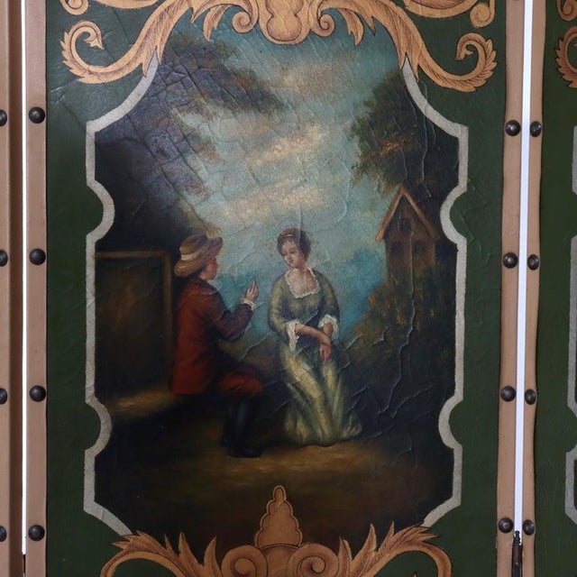 Green Antique Hand Painted Leather on Board Four Panel Dressing Screen 20thC For Sale - Image 8 of 9