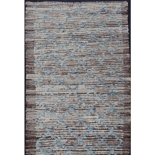 Cream, brown, and sky blue variegated tribal design modern runner, rug AFG-36110, Keivan Woven Arts country of origin /...