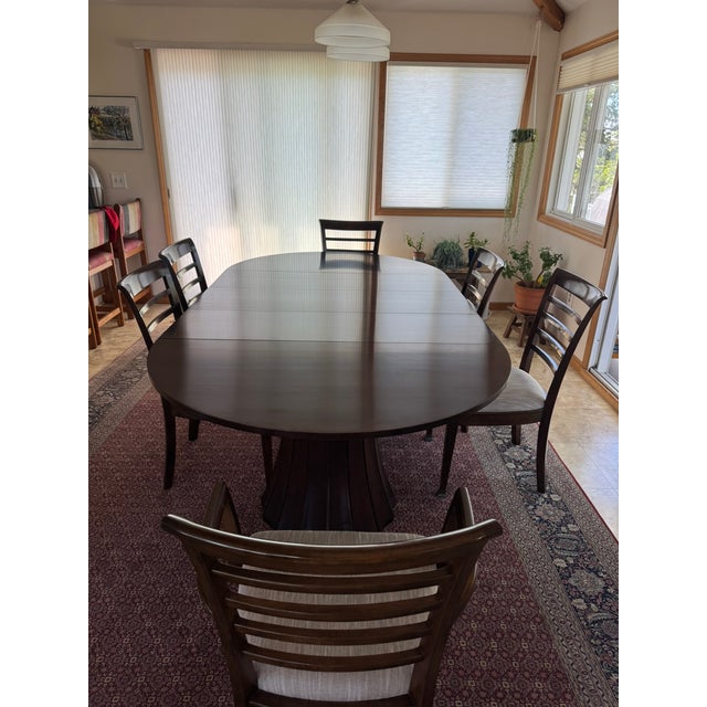 Lovely Stickley cherry split base dining table and chairs, Metropolitan collection. This was the original market sample...