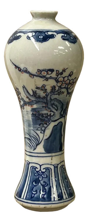 7" Blue White Blossom Graphic Small Porcelain Meiping Shape Vase