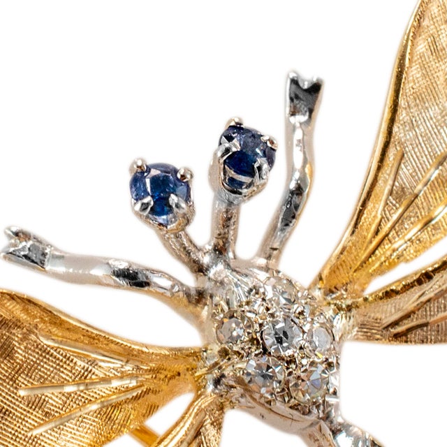 Gold Vintage 14k Yellow and White Gold Sapphire and Diamond Dragonfly Brooch For Sale - Image 8 of 8
