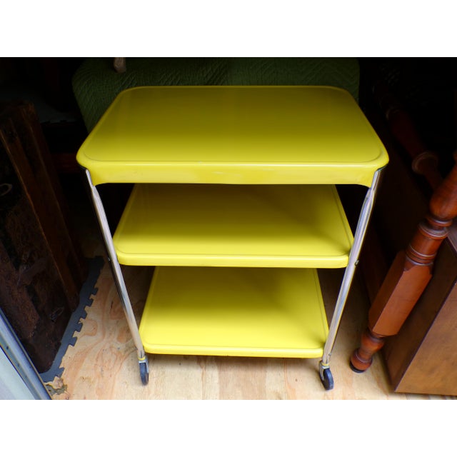 Vintage Industrial Yellow Cosco Chrome Kitchen 3 Shelf Utility Cart With Wheels For Sale - Image 15 of 18