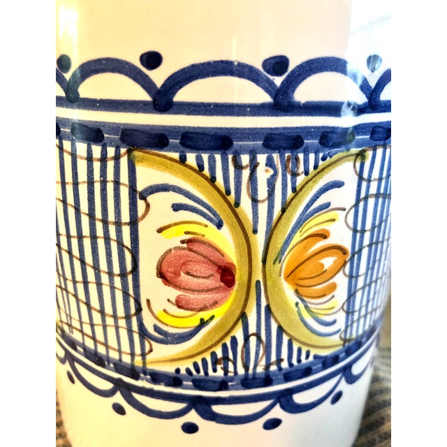 Rustic Vintage Hand Painted Rustic Glazed Ceramic Utensil Canister Vessel or Wine Bottle Holder, Puente Del Arzobispo, Toledo Spain For Sale - Image 3 of 11