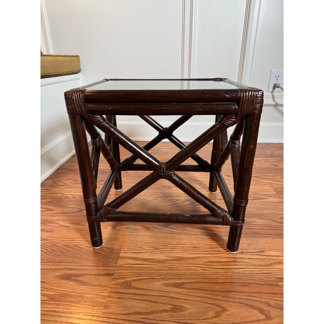 Chippendale Vintage Chippendale Style Bamboo Wrapped Rattan Glass Top Accent Side Table, Dark Brown For Sale - Image 3 of 12