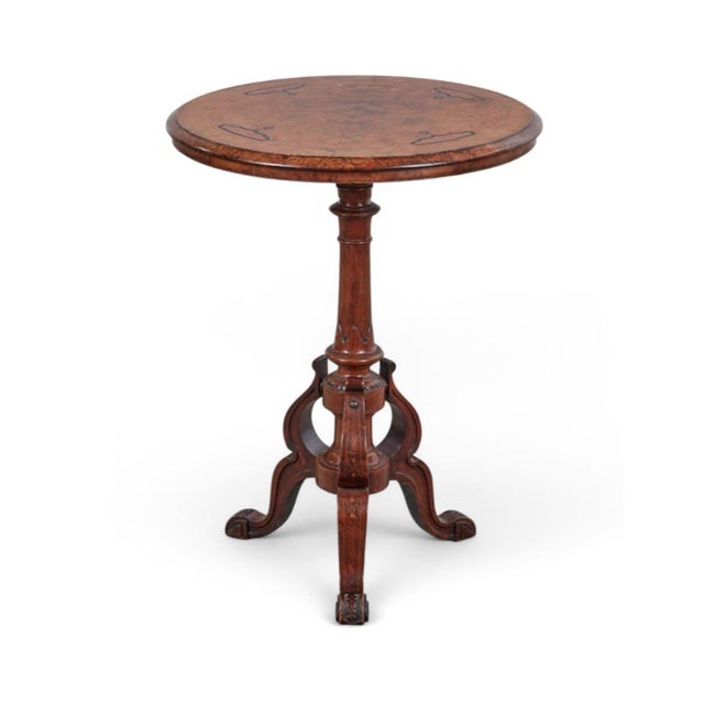 English Inlaid Burl Walnut Circular Occasional/Side Tripod Table For Sale - Image 4 of 9