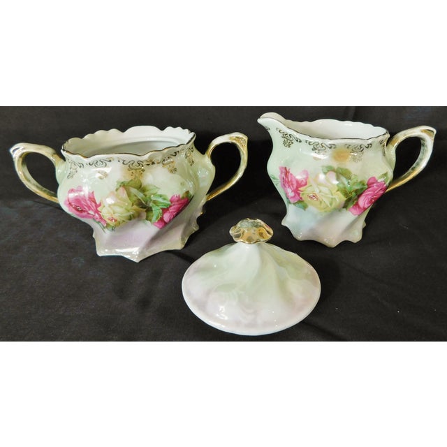 English Antique Imperial Germany Iridescent Porcelain Roses Creamer & Sugar Set For Sale - Image 3 of 9