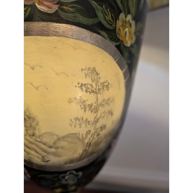 Large Vintage Hand-Painted Chinoiserie Black Lacquer Urn Table Lamp For Sale - Image 9 of 10