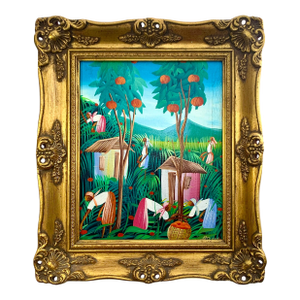 Late 20th Century Painting the Harvest Oil on Canvas Signed Framed Vintage Latin American Folk Art Decor