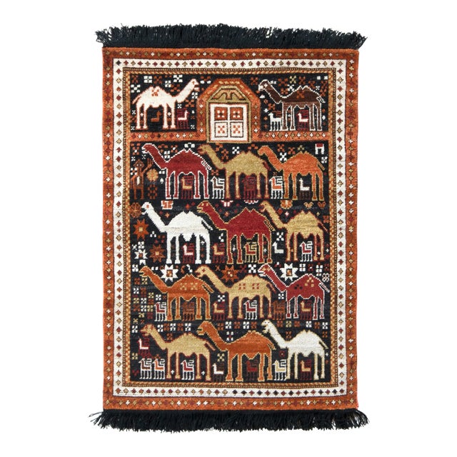 Handknotted Camel Caravan Rug with Black Fringe, 4'x6' For Sale