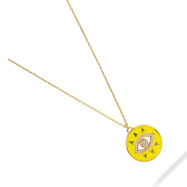 Cheerful Neon Yellow Evil Eye & Diamond Pendant Gold Chain Necklace For Sale In Miami - Image 6 of 7
