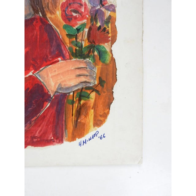 Vintage 1966 watercolor on thin paper modernist portrait of woman holding flowers by Lewis J. Miller (1912-2007) New...