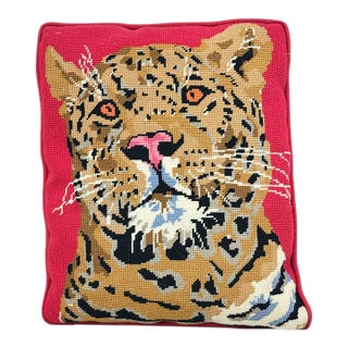Vintage Handmade Mid-Century Leopard Needlepoint Throw Pillow For Sale