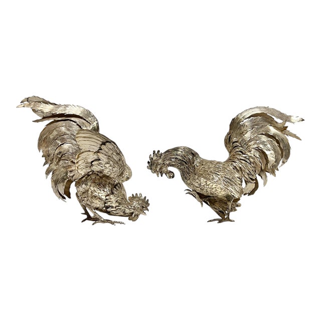 Pair Antique Silver Cockerel Rooster Figurines / Sculptures For Sale