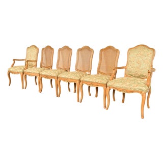 John Stuart French Provincial Louis XV Carved Oak and Cane Back Dining Chairs, Set of Six For Sale