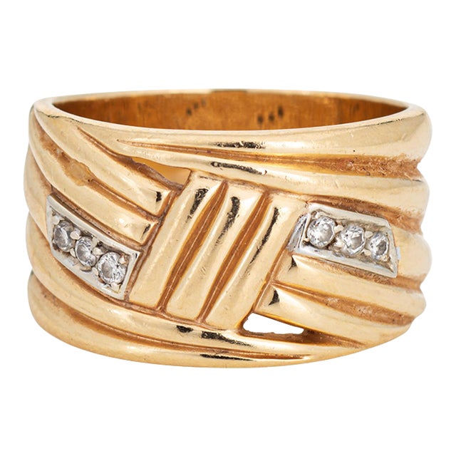 Vintage 1980s Diamond Wide Band 14k Yellow Gold Ring Size 8.5 For Sale