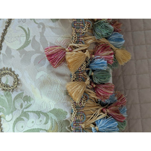 French Custom Scalamandre Silk Floral Throw Pillows With Cord Work and Tassel Fringe For Sale - Image 3 of 13