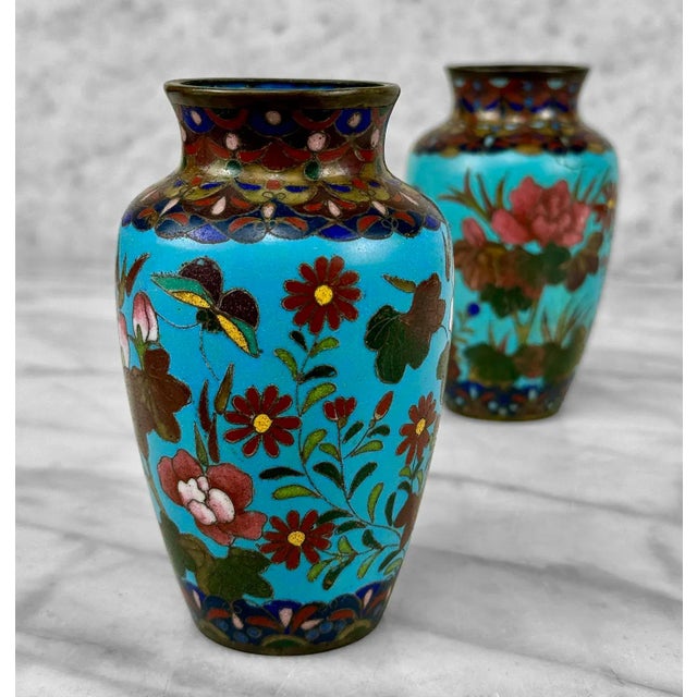 Antique Chinese Cloisonne Turquoise Enamel & Brass Floral Vase - a Pair For Sale - Image 4 of 10