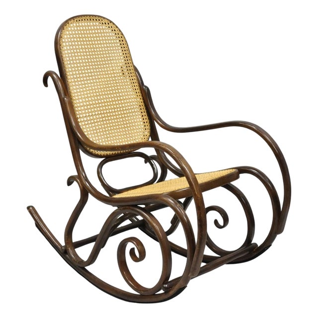Vintage Mid Century Modern Thonet Style Bentwood & Cane Rocker Rocking Chair (A) For Sale