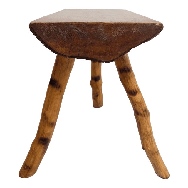 Mid-Century Rustic Wooden Stool with Bamboo Legs and Slab Top For Sale