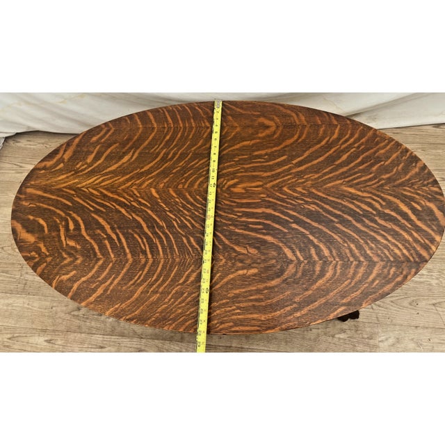 Antique Tiger Oak Oval Coffee Table, Carved Paw Feet, Drawer, Shelf, By: Piqua For Sale - Image 9 of 12