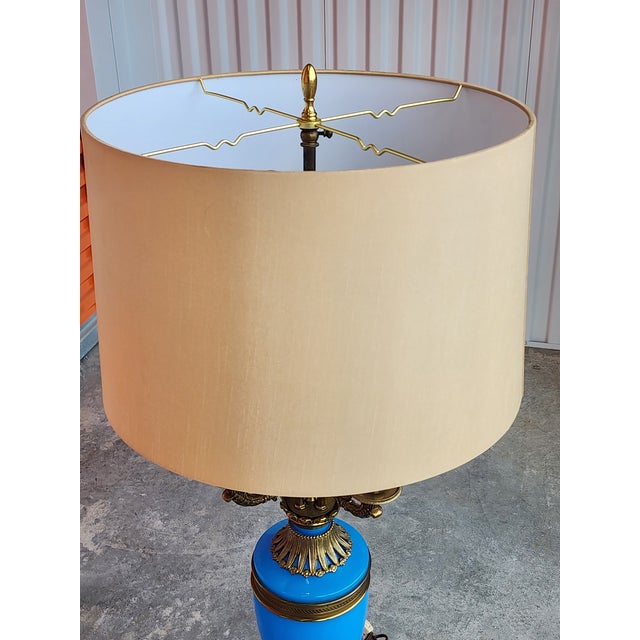 Antique French Blue Opaline Glass & Bronze Candelabra Table Lamp For Sale - Image 12 of 16