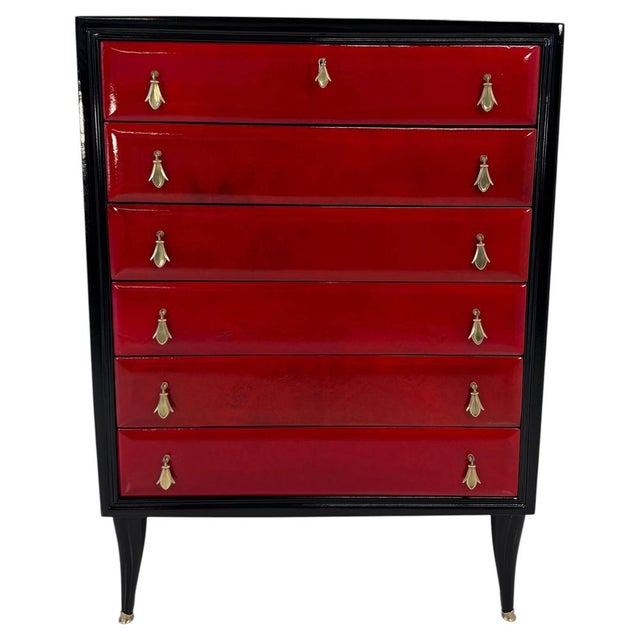 Italian Art Deco Cherry Red Parchment and Black Lacquered Chest of Drawer, 1950s For Sale - Image 10 of 10