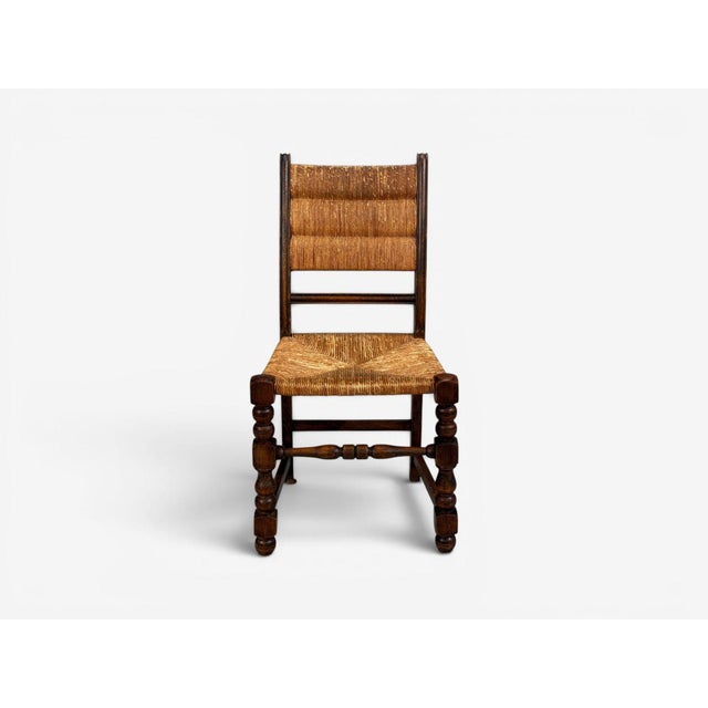 Charles Dudouyt Style, Eight Rustic Dining Chairs, Oak, Rush, France, 1940s For Sale In New York - Image 6 of 10