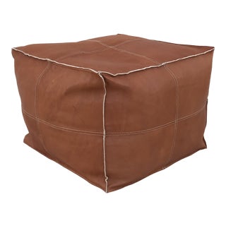 Square Brown Leather Handmade Moroccan Pouf For Sale