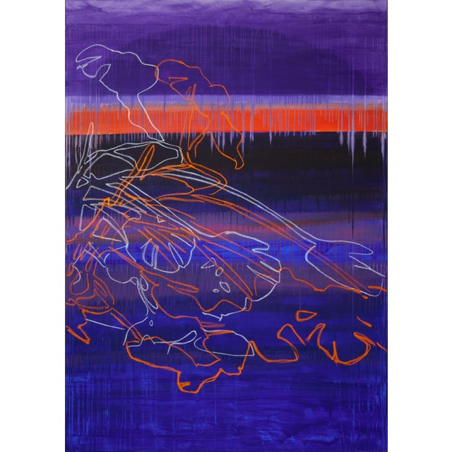 "Monstera Double Shadows Blue Orange" - Large Original Acrylic Painting by Simon Findlay For Sale