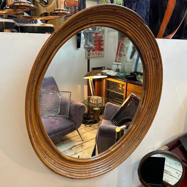 Wood 1960s Mid-Century Modern Rattan Frame Round Italian Wall Mirror by Vivai Del Sud For Sale - Image 7 of 14