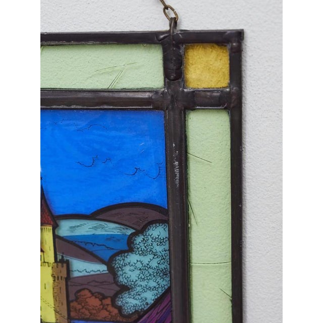 Blue Hanging Stained Glass Window with Knightly Motif and Castle in Colored Glass For Sale - Image 8 of 8