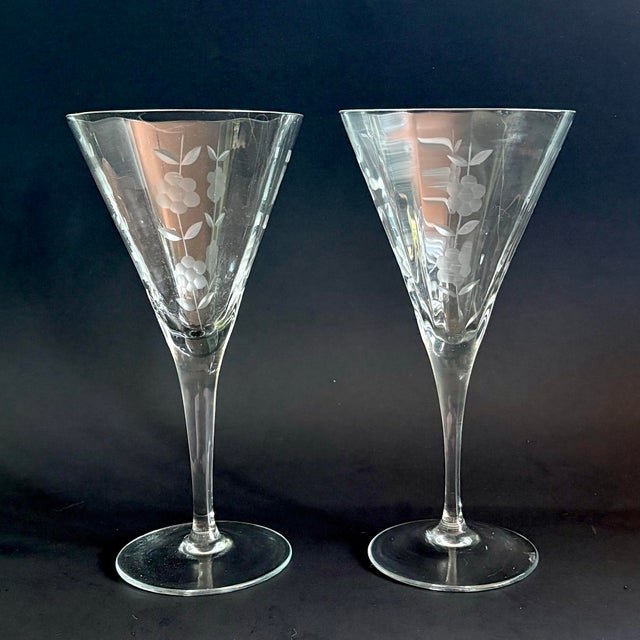 A refined set of 2 vintage hand-blown crystal goblets crafted in Romania during the mid-1900s. These elegant stemware...