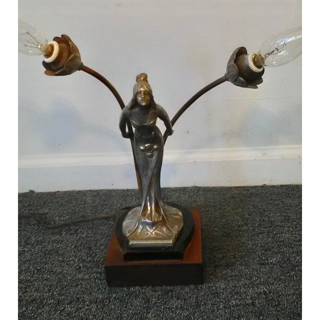 Wood Antique Art Nouveau Figural Spelter “Lady" Table Lamp, 12” High For Sale - Image 7 of 9