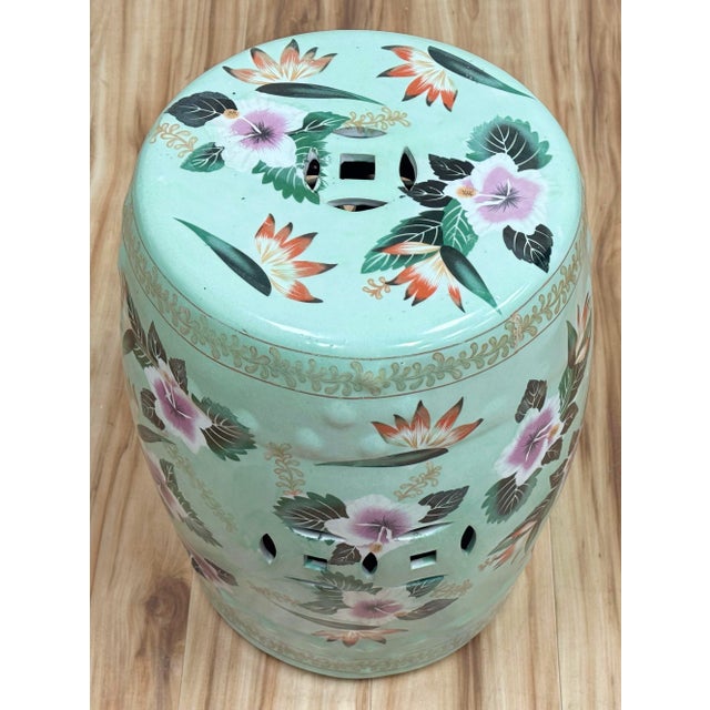 Vintage Chinoiserie Mint Green Floral Motif Garden Stool For Sale In Kansas City - Image 6 of 9