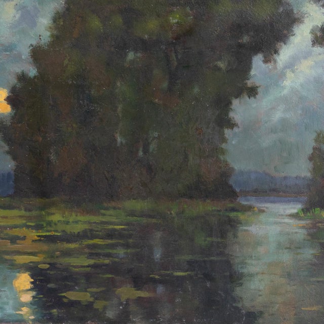 Textile Romantic Moonlight River Landscape, Vintage Original Impressionist Oil Painting, Early-Mid 20th Century For Sale - Image 7 of 10