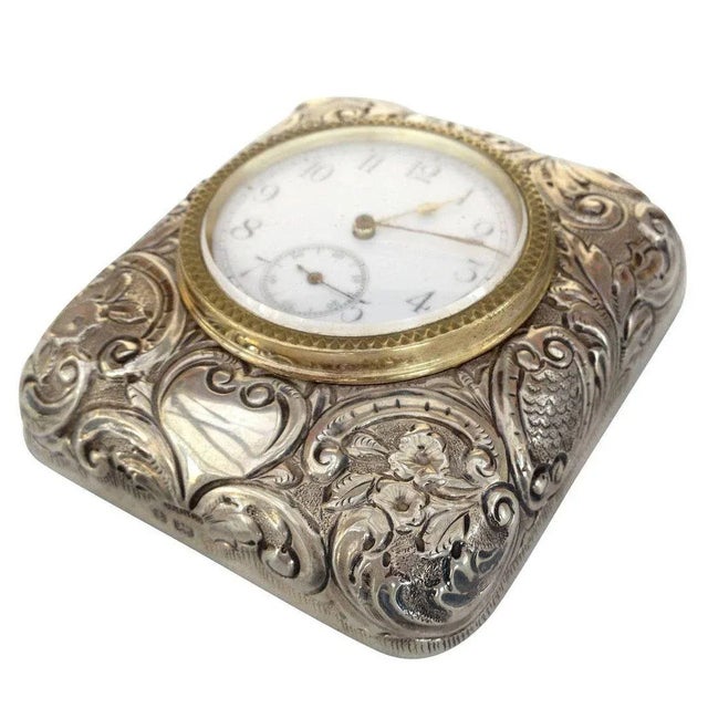 1900 - 1909 Antique Victorian Silver Embossed Bed Side Clock by Douglas Clock Company For Sale - Image 5 of 6