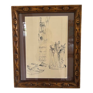 1970s Ink Drawing Still Life of Artist Items in Vintage Frame For Sale