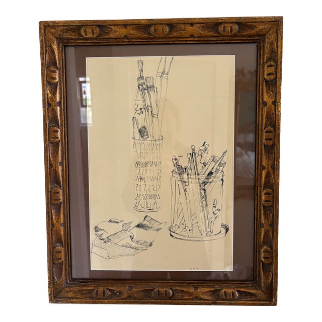 1970s Ink Drawing Still Life of Artist Items in Vintage Frame For Sale