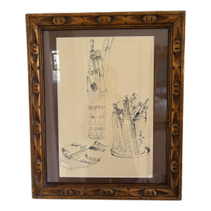 1970s Ink Drawing Still Life of Artist Items in Vintage Frame