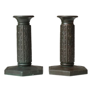 Art Deco Candlesticks in Patinated Disko Metal from Just Andersen, Denmark, 1930s, Set of 2 For Sale