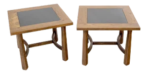 Arts & Crafts Oak Tapered Legs Square Side End Tables with Slate Tops - a Pair