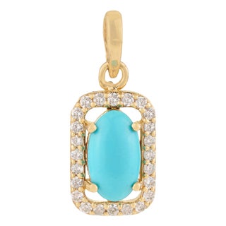 Art Deco Cabochon Oval Turquoise Diamond Halo Pendant in 14k Yellow Gold For Sale