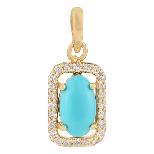 Art Deco Cabochon Oval Turquoise Diamond Halo Pendant in 14k Yellow Gold For Sale