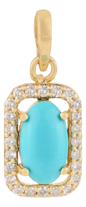Art Deco Cabochon Oval Turquoise Diamond Halo Pendant in 14k Yellow Gold