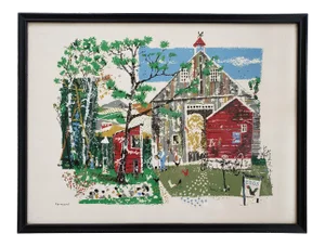 Mid 20th Century Country Farm Barn Scene Serigraph by Ronald Julius Christensen, Framed