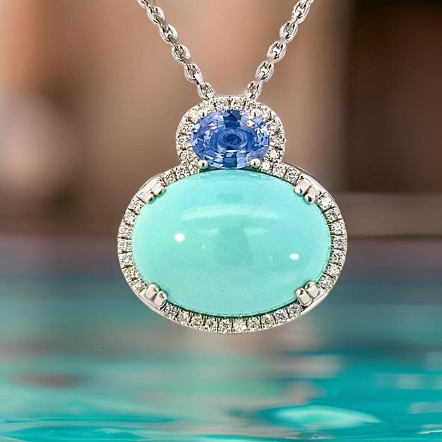 Persian Turquoise Sapphire Diamond Necklace 17" 14k WG 19.03 TCW Certified For Sale - Image 9 of 15