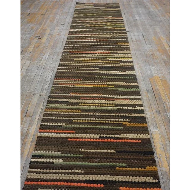 Early 20th Century American Braided Rug ( 2'9'' x 13' - 84 x 396 ) Antique Braided Hallway Runner Wool Green Rug, Circa...