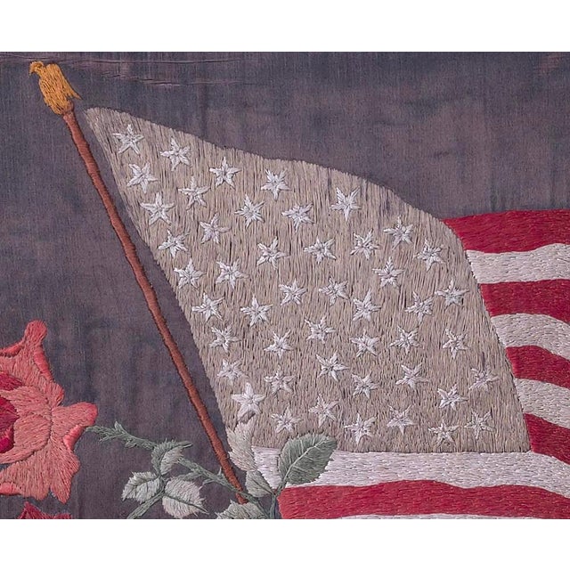 47 Star American Flag Silk Embroidered Picture with Roses, Circa 1912 A hand-embroidered silk picture of the American flag...
