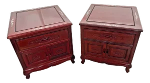 1960s Pair Mid Century Chinese Chippendale Nightstands Side Tables Drawer, Cabinet Rosewood